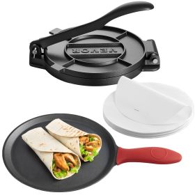 Tortilla Press, 8 Inch Cast Iron Tortilla and Roti Maker, Heavy Duty Tortilladora Press, Pataconera Makers with Handle and 100 Pcs Parchment Pape